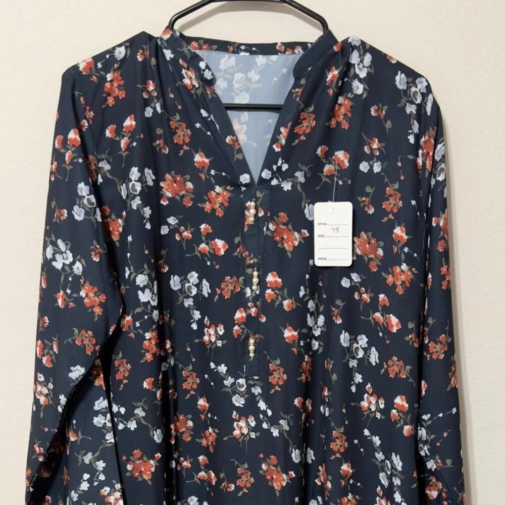 Women's Tunic Top Kurti Kurta Long Shirt Black Brown Floral Print XL 48